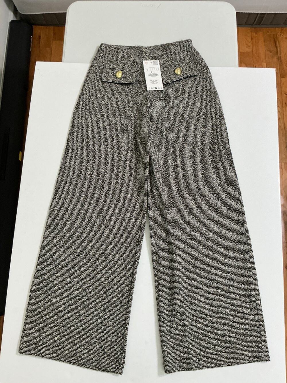 Zara Tweed Wide Leg Pants Womens S Black White High Waist Gold Button NWT